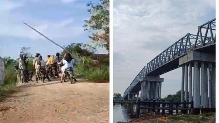 Oknum warga yang sedang meminta uang kepada pengendara yang meluntas di dekat jembatan penghubung Banyuasin - OKI, Jumat (12/4/2024).