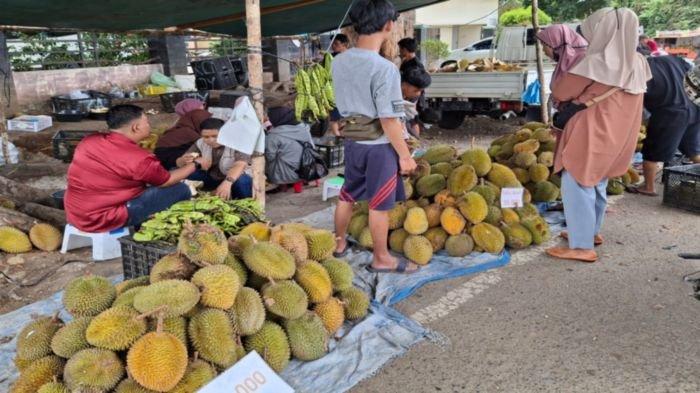 Pedagang buah durian yang menggelar lapak di tepi jalan dalam Kota Baturaja Kabupaten Ogan Komering Ulu (OKU) Provinsi Sumatera Selatan, Jumat (23/1/2025). Banyak pembeli partai besar membeli buah durian dari pedagang pengumpul.
