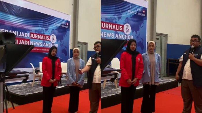 JADI NEWS ANCHOR - Salah satu mahasiswa mencoba membaca berita layaknya news anchor profesional dalam sesi praktik pelatihan jurnalistik yang digelar di halaman Graha Tribun, Senin, 30 Juni 2025.