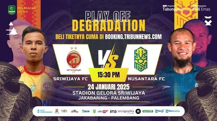 Pertandingan laga home babak playoff degradasi Pegadaian Liga 2 2024/25 Sriwijaya FC vs Nusantara United FC akan berlangsung di Stadion Gelora Sriwijaya Jakabaring Palembang, Jumat (24/1/2025) pukul 15.30 WIB tiket online kali ini dijual cukup murah, cuma Rp 15 ribu.