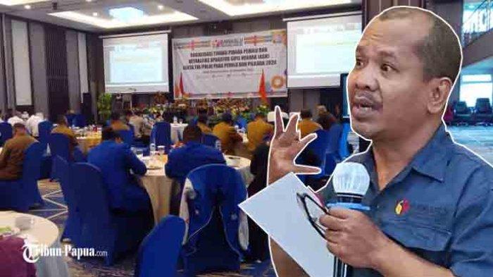 Suasana sosialisasi tindak pidana Pemilu dan netralitas ANS serta TNI-Polri pada Pemilu dan Pilkada 2024 yang berlangsung di Hotel Aston Jayapura, Senin (20/11/2023). Inzert: Ketua Bawaslu Papua, Hardin Halidin.
