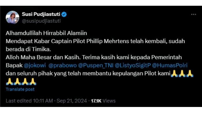 Cuitan Susi Pudjiastuti soal dibebaskannya pilot Susi Air yang disandera KKB