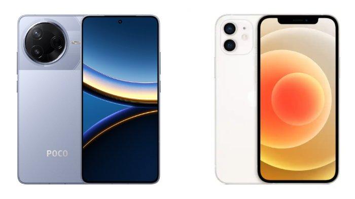 PERBANDINGAN HP - Kolase tangkapan layar tampilan HP POCO F7 Pro dan iPhone 12 yang diambil dari website Mi.co.id dan iBox.co.id, Minggu (27/4/2025).