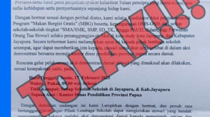 VIRAL SERUAN AKSI - Surat penolakan MBG yang beredar di mana siswa berencana menggelar demo menolakan MBG di Jayapura, Papua, Senin (17/2/2025). (KOMPAS.COM/Roberthus Yewen)