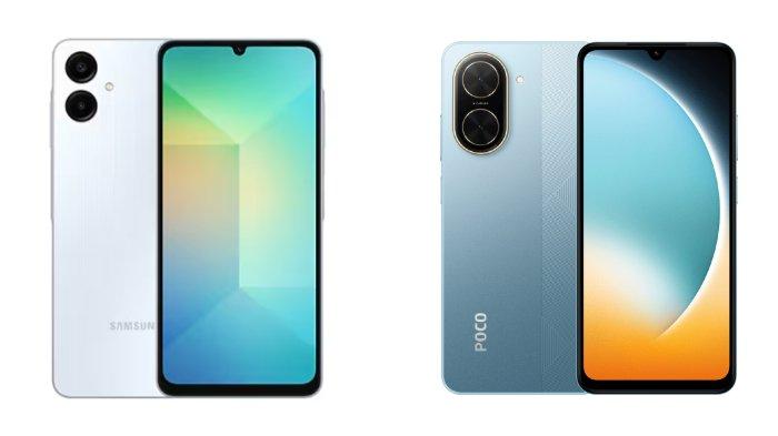 PERBANDINGAN HP - Kolase tangkapan layar tampilan HP Samsung Galaxy A06 dan POCO C71 yang diambil dari website Samsung.com dan Mi.co.id, Senin (19/5/2025).