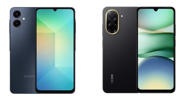 PERBANDINGAN HP - Tangkapan layar tampilan HP Samsung Galaxy A06 dan Xiaomi Redmi A5 yang diambil dari website Samsung.com dan Mi.co.id, Kamis (3/4/2025).