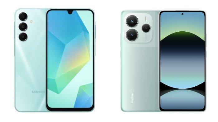 PERBANDINGAN HP - Tangkapan layar tampilan HP Samsung Galaxy A16 5G dan Xiaomi Redmi Note 14 5G yang diambil dari website Samsung.com dan Mi.co.id, Kamis (6/2/2025).