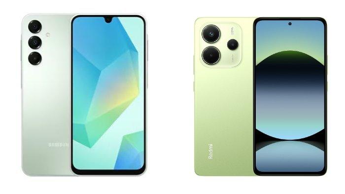 PERBANDINGAN HP - Tangkapan layar tampilan HP Samsung Galaxy A16 dan Xiaomi Redmi Note 14 yang diambil dari website Samsung.com dan Mi.co.id, Jumat (7/2/2025).