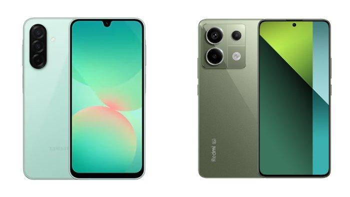PERBANDINGAN HP - Kolase tangkapan layar tampilan HP Samsung Galaxy A26 5G dan Xiaomi Redmi Note 13 Pro 5G yang diambil dari website Samsung.com dan Mi.co.id, Minggu (4/5/2025).