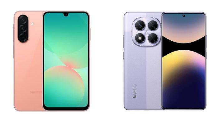 PERBANDINGAN HP - Tangkapan layar tampilan HP Samsung Galaxy A26 5G dan Xiaomi Redmi Note 14 Pro 5G yang diambil dari website Samsung.com dan Mi.co.id, Senin (28/4/2025).