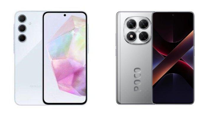 PERBANDINGAN HP - Tangkapan layar tampilan HP Samsung Galaxy A35 5G dan POCO X7 5G yang diambil dari website Samsung.com dan Mi.co.id, Senin (3/3/2025).