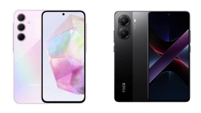 PERBANDINGAN HP - Tangkapan layar tampilan HP Samsung Galaxy A35 5G dan POCO X7 Pro 5G yang diambil dari website Samsung.com dan Mi.co.id, Rabu (26/2/2025).
