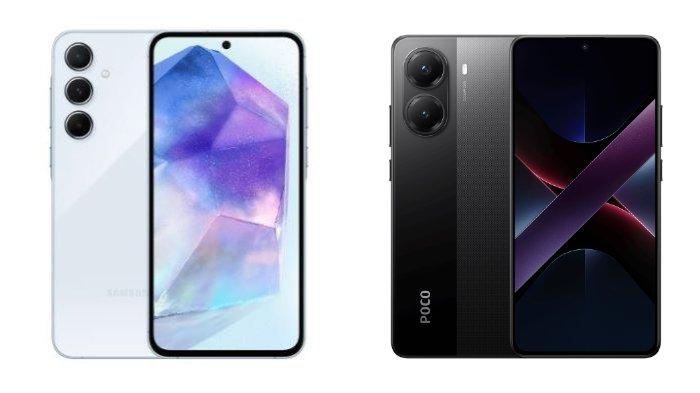 PERBANDINGAN HP - Tangkapan layar tampilan HP Samsung Galaxy A55 5G dan POCO X7 Pro 5G yang diambil dari website Samsung.com dan Mi.co.id, Kamis (27/2/2025).