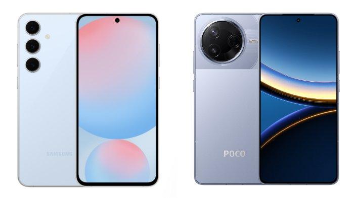 PERBANDINGAN HP - Kolase tampilan HP Samsung Galaxy S24 FE dan POCO F7 Pro yang diunduh dari website Samsung.com dan Mi.co.id, Selasa (13/5/2025).