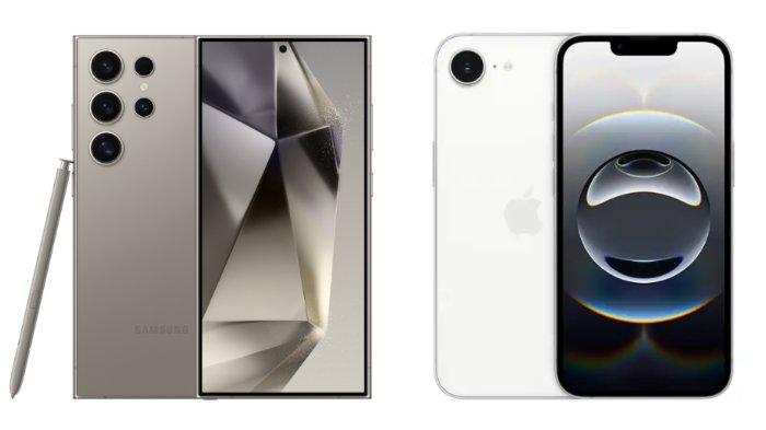 PERBANDINGAN HP - Kolase tangkapan layar tampilan HP Samsung Galaxy S24 Ultra dan iPhone 16e yang diambil dari website Samsung.com dan iBox.co.id, Kamis (12/6/2025).