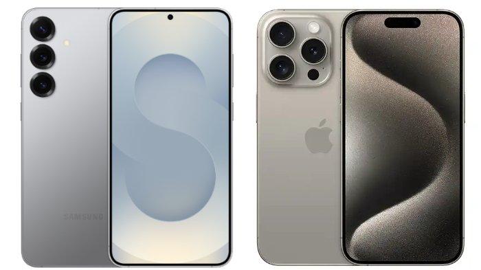 PERBANDINGAN HP - Kolase tangkapan layar tampilan Samsung Galaxy S25 Plus dan iPhone 15 Pro di website Samsung.com dan Apple.com, Selasa (18/2/2025).