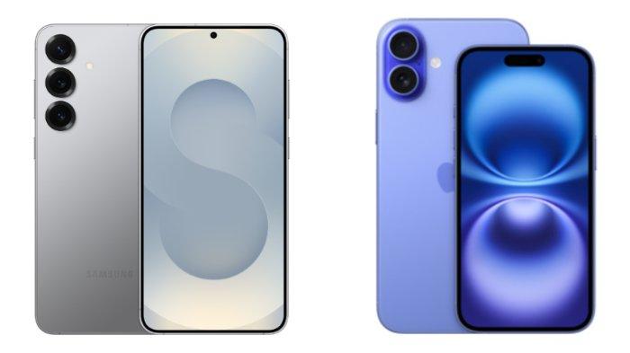 PERBANDINGAN HP - Kolase tangkapan layar tampilan Samsung Galaxy S25 Plus dan iPhone 16 di website Samsung.com dan Apple.com, Jumat (14/2/2025).