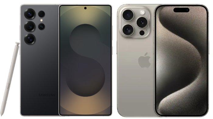PERBANDINGAN HP - Kolase tangkapan layar tampilan Samsung Galaxy S25 Ultra dan iPhone 15 Pro di website Samsung.com dan iBox, Senin (17/2/2025).