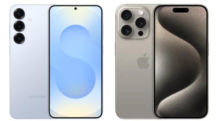 PERBANDINGAN HP - Kolase tangkapan layar tampilan Samsung Galaxy S25 dan iPhone 15 Pro di website Samsung.com dan iBox.co.id, Selasa (18/2/2025).