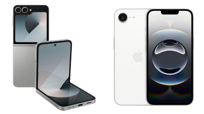 PERBANDINGAN HP - Kolase tangkapan layar tampilan HP Samsung Galaxy Z Flip6 dan iPhone 16e yang diambil dari website Samsung.com dan iBox.co.id, Senin (16/6/2025).