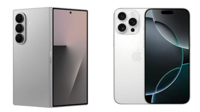 PERBANDINGAN HP - Kolase tangkapan layar tampilan HP Samsung Galaxy Z Fold7 dan iPhone 16 Pro Max yang diambil dari website Samsung.com dan iBox.co.id, Selasa (29/7/2025).