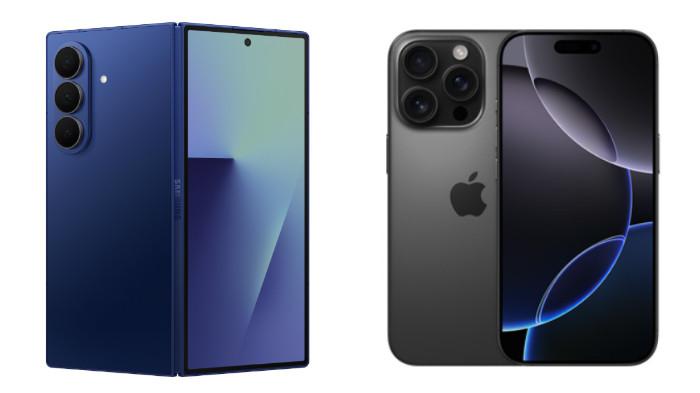 PERBANDINGAN HP - Kolase tangkapan layar tampilan HP Samsung Galaxy Z Fold7 dan iPhone 16 Pro yang diambil dari website Samsung.com dan iBox.co.id, Senin (21/7/2025).