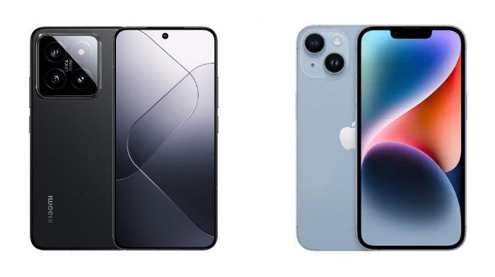 PERBANDINGAN HP - Kolase tangkapan layar tampilan HP Xiaomi 14 dan iPhone 14 yang diambil dari website Mi.co.id dan iBox.co.id, Kamis (24/4/2025).