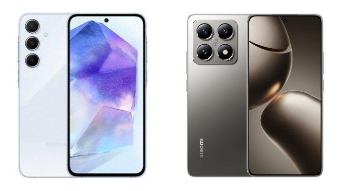 PERBANDINGAN HP - Tangkapan layar tampilan HP Xiaomi 14T dan Samsung Galaxy A55 5G yang diambil dari website Mi.co.id dan Samsung.com, Selasa (11/3/2025).