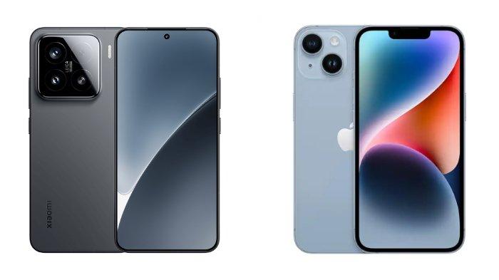 PERBANDINGAN HP - Kolase tangkapan layar tampilan HP Xiaomi 15 dan iPhone 14 yang diambil dari website Mi.co.id dan iBox.co.id, Rabu (23/4/2025).