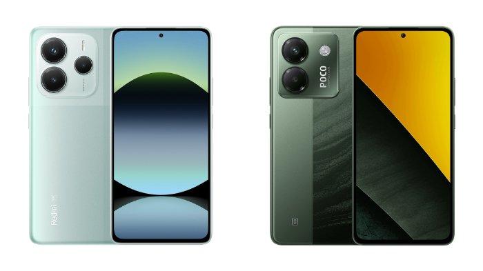 PERBANDINGAN HP - Gambar HP Xiaomi Redmi Note 14 5G dan POCO M7 Pro 5G yang diunduh dari website Mi.co.id, Selasa (8/4/2025).