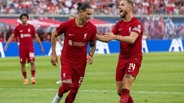 GOL - Penyerang Liverpool, Darwin Nunez merayakan gol untuk kemenangan Liverpool atas RB Leipzig, pada Jumat (22/7/2022) dini hari WIB.