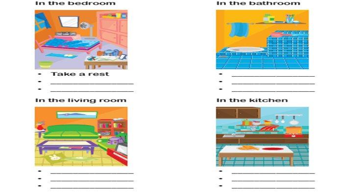 ILUSTRASI KUNCI JAWABAN : Answer Key Grade 4 English Pages 71 Look at The Picture and Write The Things You Can Do Unit 7. The answer key for the Grade 4 English on pages 71 Look and Write Look at the picture and write the things you can do In the bedroom - In the bathroom - In the living room - In the kitchen Unit 7 I Can Make Fried Egg in The Kitchen semester 1 in the My Next Words textbook SD and MI Merdeka Curriculum edition, published by the Kemendikbudristek, first print, 2021.