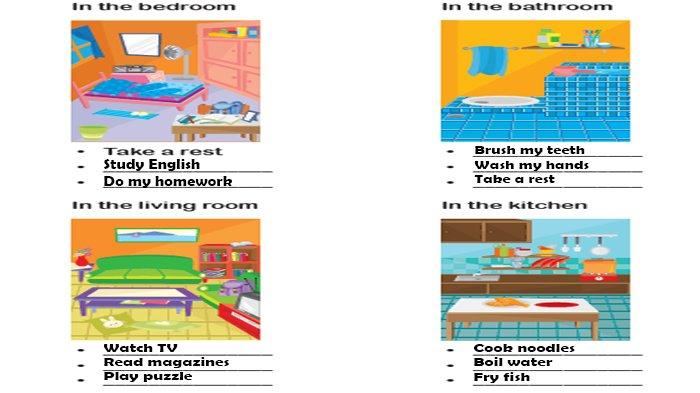 ILUSTRASI KUNCI JAWABAN : Answer Key Grade 4 English Pages 71 Look at The Picture and Write The Things You Can Do Unit 7. The answer key for the Grade 4 English on pages 71 Look and Write Look at the picture and write the things you can do In the bedroom - In the bathroom - In the living room - In the kitchen Unit 7 I Can Make Fried Egg in The Kitchen semester 1 in the My Next Words textbook SD and MI Merdeka Curriculum edition, published by the Kemendikbudristek, first print, 2021.