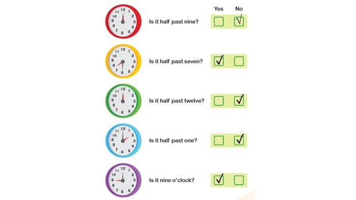 ILUSTRASI KUNCI JAWABAN : Answer Key Grade 4 English Pages 82 83 Look-Answer-Write Unit 8 My Next Words Merdeka Curriculum. The answer key for the Grade 4 English on pages 82 83 Look and Answer Look at the picture and put a tick - Look and Write What time is it Unit 8 Be On Time semester 2 in the My Next Words textbook SD and MI Merdeka Curriculum edition, published by the Kemendikbudristek, first print, 2021.