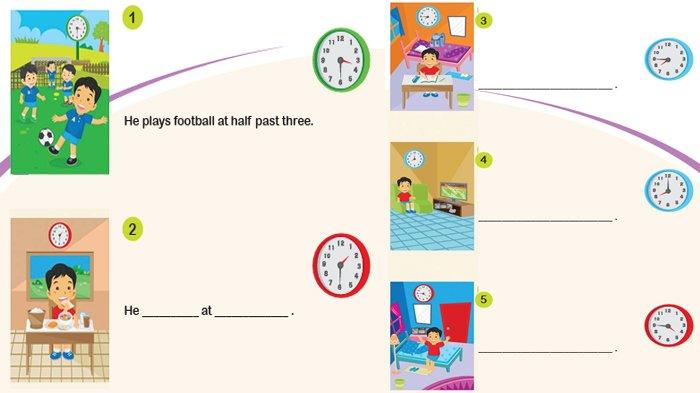 ILUSTRASI KUNCI JAWABAN : Answer Key Grade 4 English Pages 94 95 Look and Write Unit 8 My Next Words Merdeka Curriculum. The answer key for the Grade 4 English on pages 94 95 Look and Write Unit 8 Be On Time semester 2 in the My Next Words textbook SD and MI Merdeka Curriculum edition, published by the Kemendikbudristek, first print, 2021.
