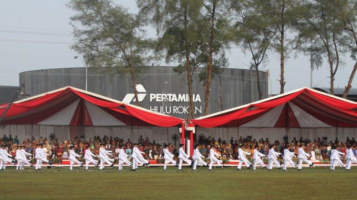 Sejumlah rangkaian acara memeriahkan peringatan Hari Lahir Pancasila (Harlah) 2024 di Lapangan Garuda Pertamina Hulu Rokan di Dumai, Sabtu (1/6/2024). (TRIBUN PEKANBARU/THEO RIZKY).