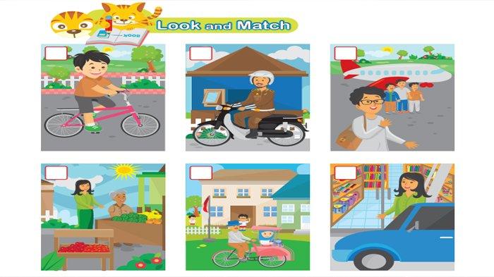 ILUSTRASI KUNCI JAWABAN : Kunci Jawaban Bahasa Inggris Kelas 4 Halaman 123 Look and Match Unit 11 How Do You Go to School