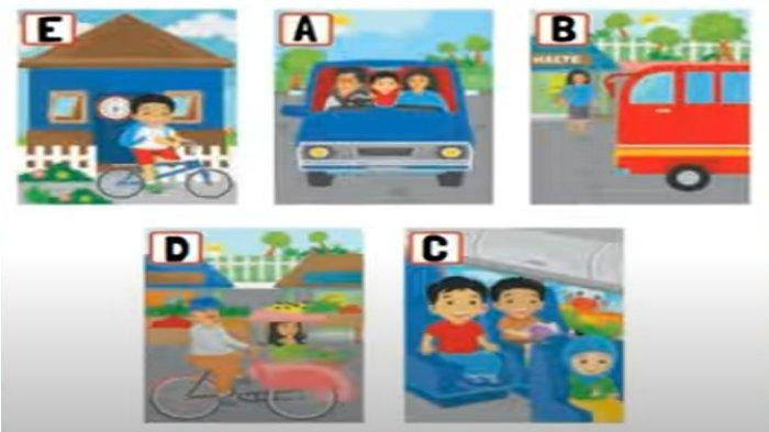 ILUSTRASI KUNCI JAWABAN : Kunci Jawaban Bahasa Inggris Kelas 4 Halaman 130 Look and Match Unit 12 He Goes to School by Bike