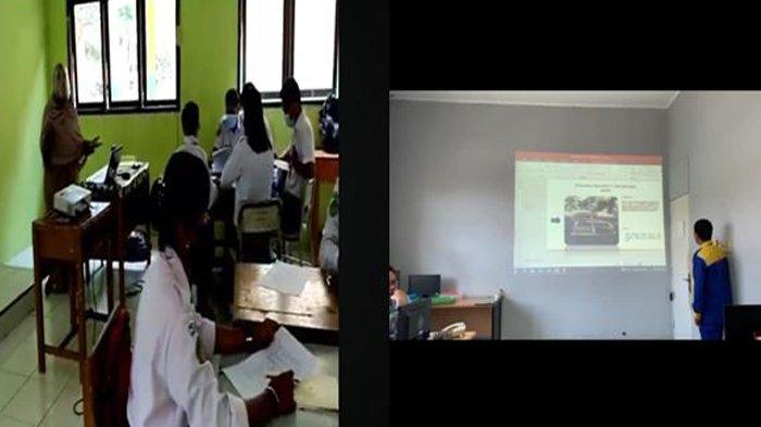 Foto kompilasi: Guru menerangkan materi tentang pengelolaan lingkungan sekolah dan siswa sedang melakukan presentasi sebelum melakukan praktek