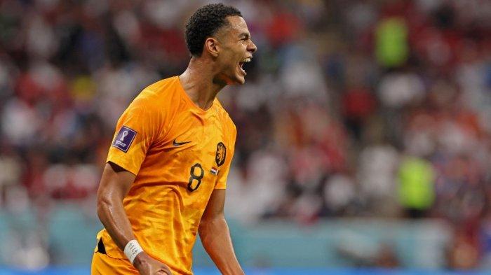 Gelandang Belanda ,Cody Gakpo berselebrasi usai mencetak gol ke gawang lawan, dalam gelaran Piala Dunia 2022 beberapa waktu lalu.Cek Live Score Balanda Vs Amerika Serikat yang akan Kick Off Sabtu 3 November 2022 sesaat lagi.