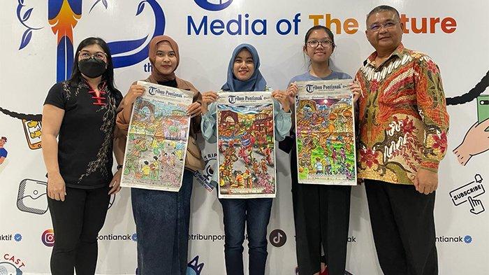 GM Business Tribun Pontianak Julia Lorrains (kiri), Ketua Umum Pengprov FOBI Kalbar Sugioto (kanan ) foto bersama para pemenang Lomba Mewarnai Imlek 2024 (juara 1, juara 3 dan juara favorit).