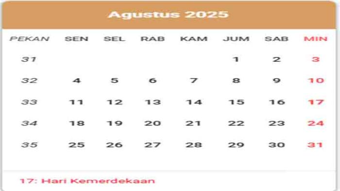 Kalender Agustus 2025 lengkap dengan tanggal merah