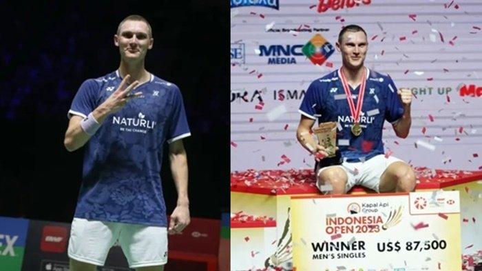 Kolase foto Viktor Axelsen saat menjuarai Indonesia Open 2023.
