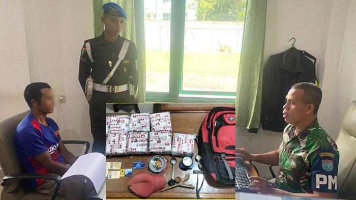 LRS pembawa 10 bungkus berisikan 11 kg narkoba jenis sabu saat menjalani pemeriksaan oleh anggota Kodam XII Tanjungpura sebelum di limpahkan ke BNN Prov Kalbar.