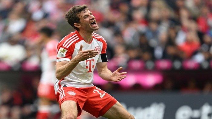 Penyerang Jerman Bayern Munich Thomas Mueller bereaksi. Muller dan Munchen jadi momok bagi Barcelona didua musim Liga Champions