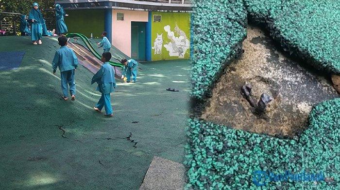 Tampak sejumlah anak-anak asik bermain di taman bermain yang berada di Jogging Track Untan Pontianak, Kalimantan Barat, Selasa 20 Februari 2024. Tampak kondisi karpet yang rusak dan adanya potongan besi yang cukup tajam