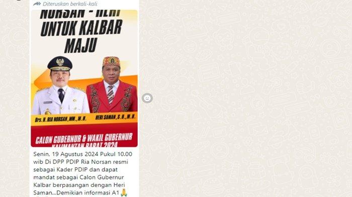Tangkapan Layar informasi Ria Norsan-Heri Saman yang beredar Senin 19 Agustus 2024.