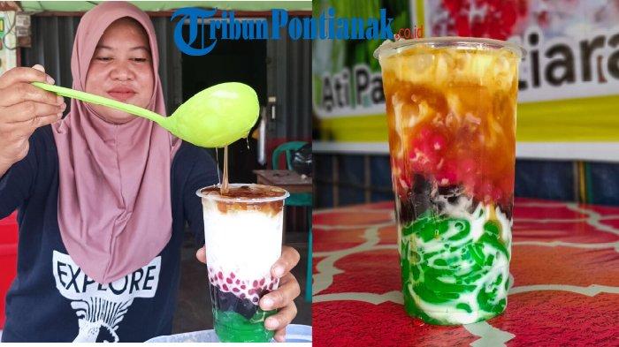 Karyawan Cendol Aisyah menuangkan bahan ke cup.