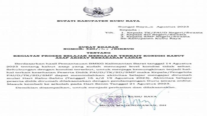 Surat Edaran Bupati Kubu Raya terkait belajar online dampak kondisi udara capai level tak sehat pada Selasa 15 Agustus 2023