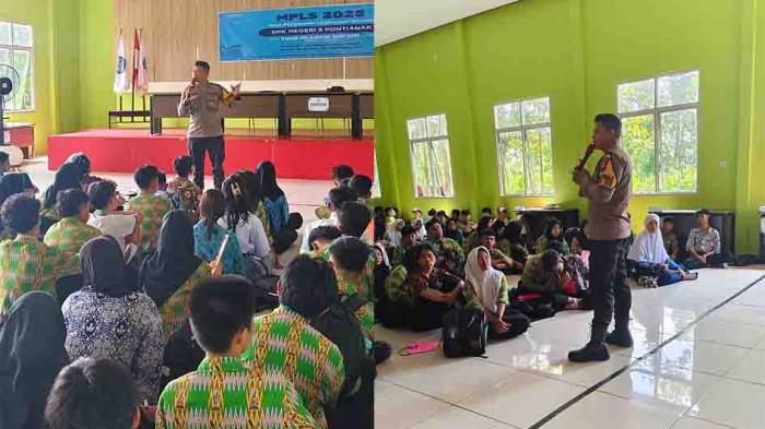 BERI MATERI - Bhabinkamtibmas Kelurahan Siantan Hulu Aipda Iwan Rudianto beri materi di MPLS SMKN 6 Pontianak, Kamis 17 Juli 2025. Dia meminta kepada seluruh siswa dan guru agar tidak melakukan tindakan bulying dan kekerasan dilingkungan sekolah.